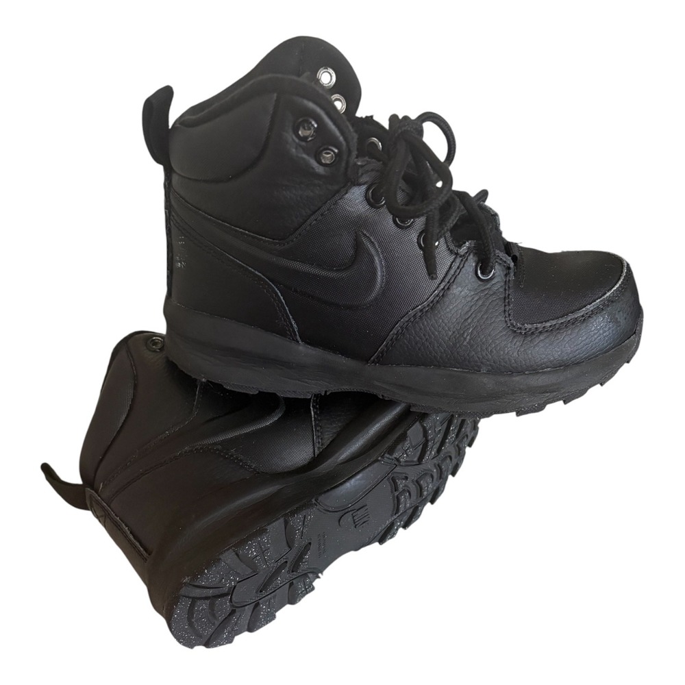 Nike Manoa LTR Kids Boots Triple Black Leather High Top HF0750-001 Size 2Y